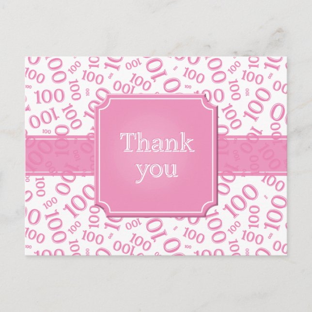 Cartão Postal Thank You 100th Number Pattern Pink/White (Frente)