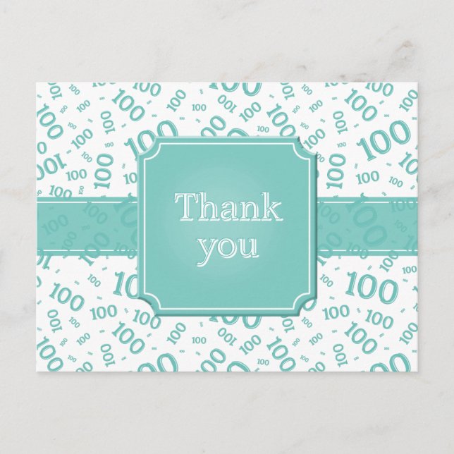 Cartão Postal Thank You 100th Number Pattern Teal/White (Frente)