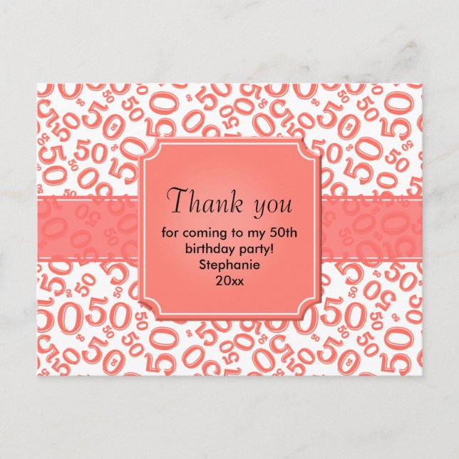 Cartão Postal Thank You 50 Random Number Pattern Coral/White (Frente)