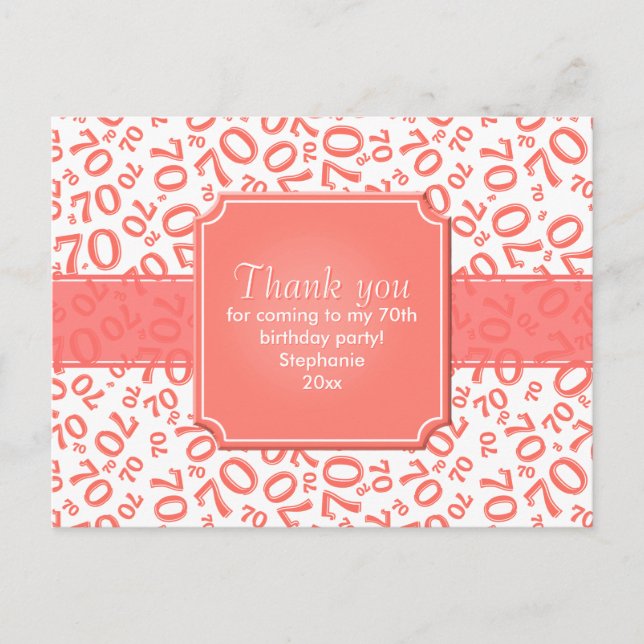 Cartão Postal Thank You 70th Birthday Number Pattern Coral/White (Frente)