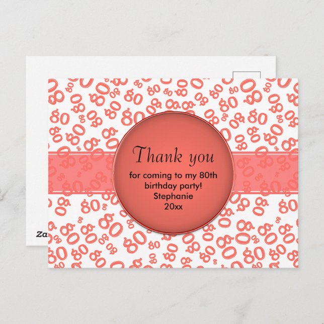 Cartão Postal Thank You: 80th Coral/White Number Pattern (Frente/Verso)