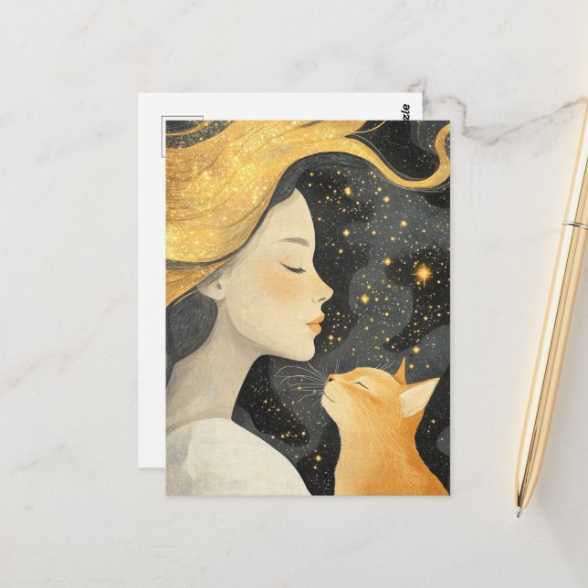 Cartão Postal The Cute Ginger Cat and a Woman (Frente/Verso In Situ)