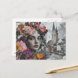 Cartão Postal The Lady Collage With Flowers and Buildings