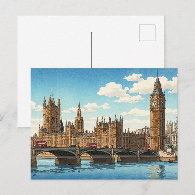 Cartão Postal The Palace of Westminster Japanese Woodblock Print (Frente/Verso)