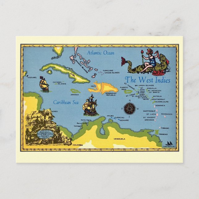 Cartão Postal The West Indies Map Postcard (Frente)