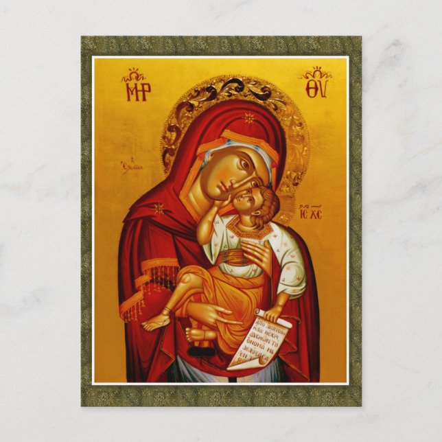 Cartão Postal Theotokos e o Ícone Cristão Ortodoxo Filho Cristo (Frente)