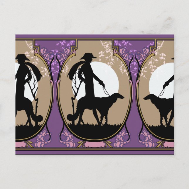 Cartão Postal Theresa in Brown & Plum - Art Deco Lady with Dog (Frente)