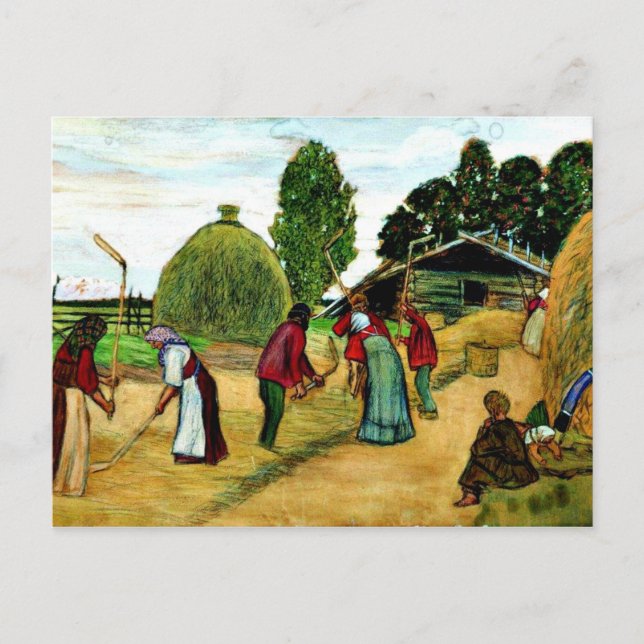 Cartão Postal Threshing, pintura de Boris Kustodiev (Frente)