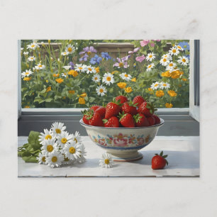Cartão Postal Tigela com Morangos Frescos e Flores de Margarida 