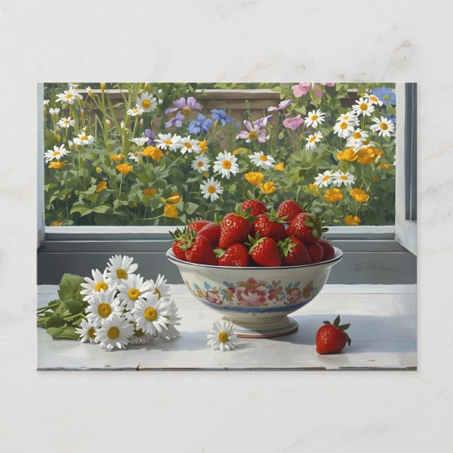 Cartão Postal Tigela com Morangos Frescos e Flores de Margarida  (Frente)