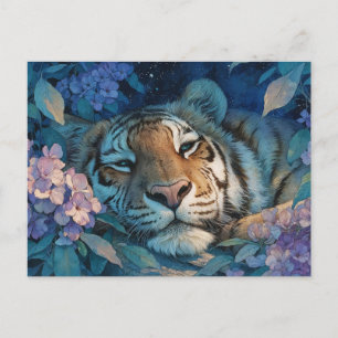 Cartão Postal Tigre Adormecido no Jardim Floral Roxo