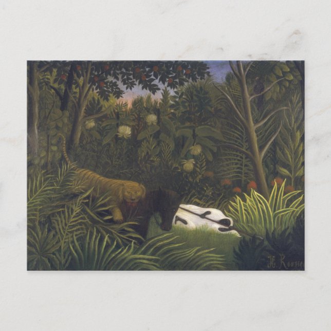 Cartão Postal Tigre Atacando um Cavalo e um Homem Negro Dormindo (Frente)