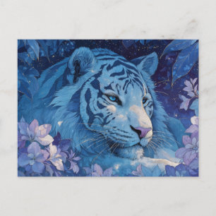 Cartão Postal Tigre Azul Majestoso em Jardim Floral Roxo