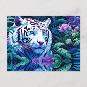 Cartão Postal Tigre branco em flores roxas