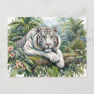 Cartão Postal Tigre Branco na Arte em Aquarela da Selva