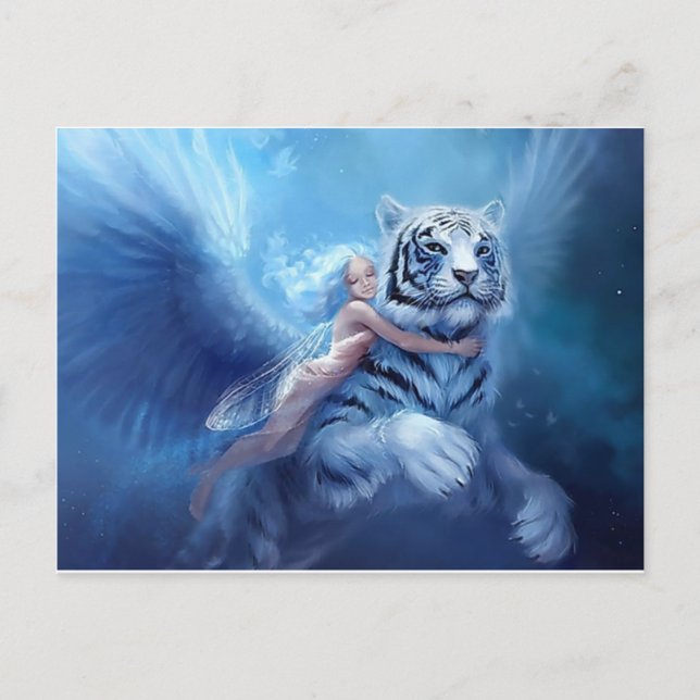 Cartão Postal Tigre Branco Voador Com Anjo (Frente)
