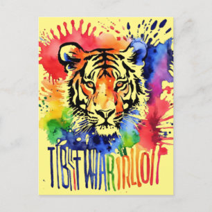 Cartão Postal Tigre colorido engraçado em aquarela