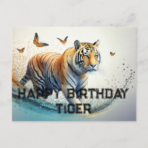 Cartão Postal Tigre com borboletas Feliz aniversário