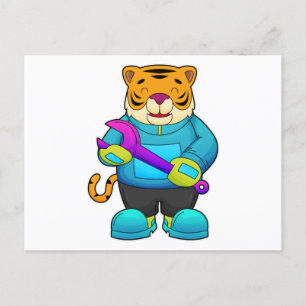 Cartão Postal Tigre como mecânico com chave inglesa