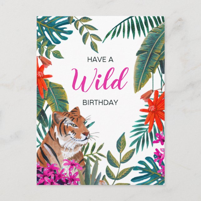 Cartão Postal Tigre de aniversário tropical selvagem verde-rosa (Frente)