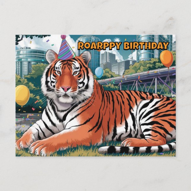 Cartão Postal tigre-de-bengala usando chapéu de aniversário deit (Frente)