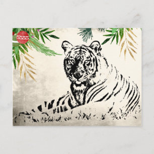 Cartão Postal Tigre e Folhas de Palmeira Férias Natal Obrigado