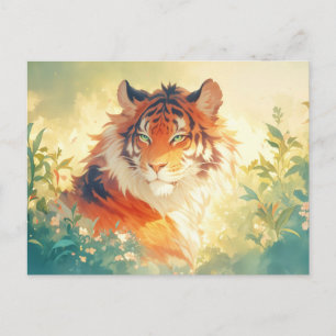 Cartão Postal Tigre Majestoso em Jardim Floral Iluminado pelo So