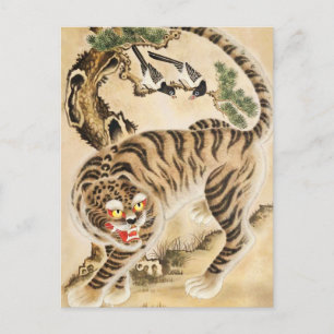 Cartão Postal Tigre Minhwa Antigo sob Árvore de Pinheiro