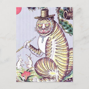 Cartão Postal Tigre Minhwa com Coelhos e Cachimbo