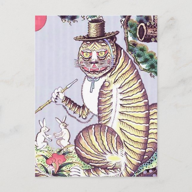 Cartão Postal Tigre Minhwa com Coelhos e Cachimbo (Frente)