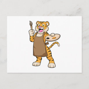Cartão Postal Tigre pintando com tinta e pincel