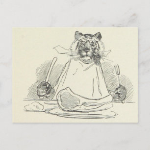 Cartão Postal Tigre que come a carne com faca e forquilha
