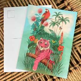 Cartão Postal Tigre rosa e selva tropical de papagaio
