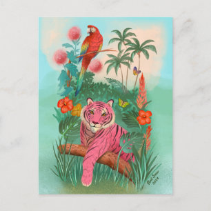 Cartão Postal Tigre rosa e Vazio tropical da selva de papagaio