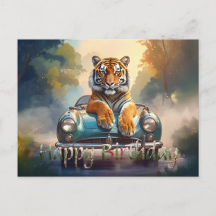 Cartão Postal Tigre sentado em um carro esportivo Feliz Aniversá