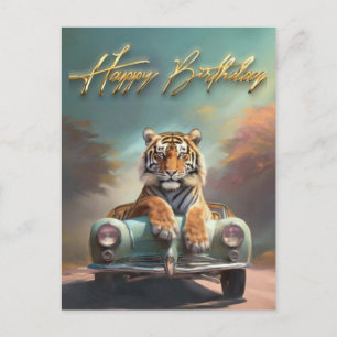 Cartão Postal Tigre sentado em um carro esportivo Feliz aniversá