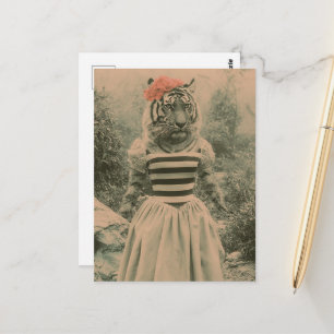 Cartão Postal Tigre Surrealista Retro com Vestido Fantasia Moda