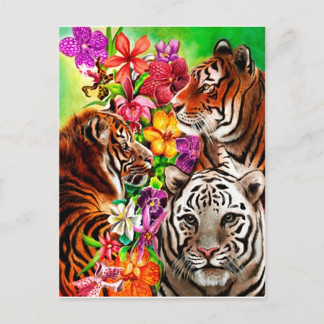 Cartão Postal Tigres e Flores Belos Trabalho de arte da Selva (Frente)