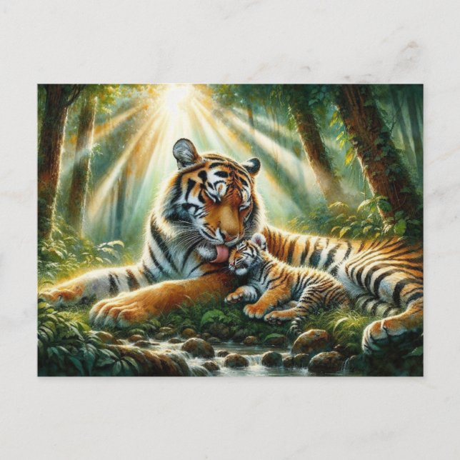 Cartão Postal Tigres em uma Pintura em Aquarela de uma Selva Exu (Frente)