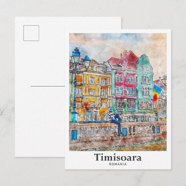 Cartão Postal Timisoara Romênia Viagem Watercolor (Frente/Verso)