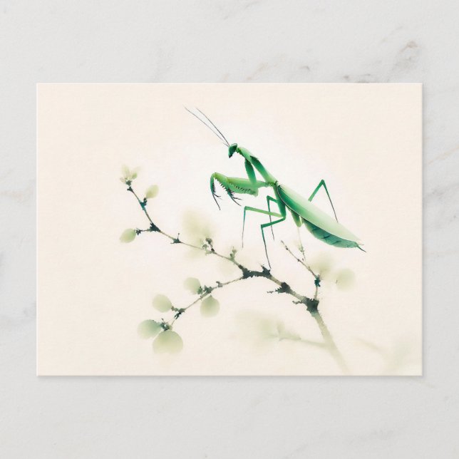 Cartão Postal Tinta chinesa Mantis em Ginkgo (Frente)