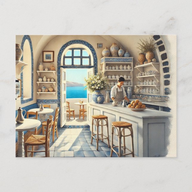 Cartão Postal Tiny Coffeeshop em Santorini (Frente)