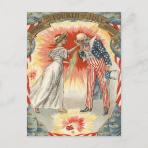 Cartão Postal Tio Sam Dama Liberdade Bandeira dos EUA Fogos de A