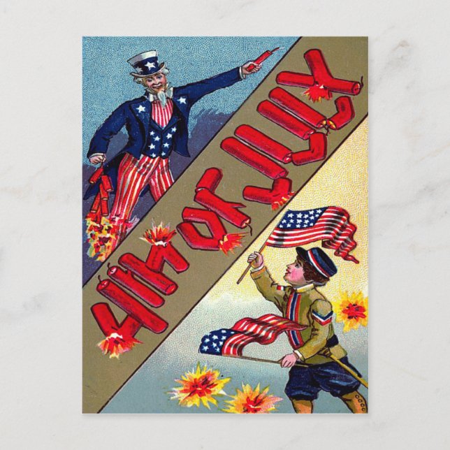 Cartão Postal Tio Sam Infantil Bandeira Americana Fogos de Artif (Frente)