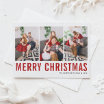 Cartão Postal Tipografia Vermelha Feliz Natal Três Colagem Fotog<br><div class="desc">Feliz Natal! Cartaz personalizável de colagem de fotos de Natal com tipografia simples vermelha e preta. Personalize adicionando três fotos,  nomes,  ano e outros detalhes. Este cartão-postal de Natal moderno está disponível em outras cores e estoque de papelão.</div>