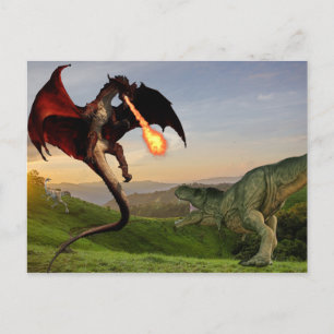 Cartão Postal Tiranossauros Vs Dragão Vermelho que cospe Fogo Ba