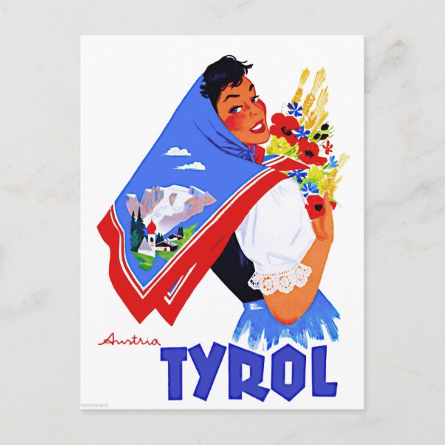 Cartão Postal Tirol,Áustria.Mulher com flores e lenço pintado (Frente)