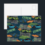 Cartão Postal  Tokyo Street Racing Pattern<br><div class="desc">A bold,  high-energy seamless pattern featuring colorful sports cars with flaming exhausts,  racing graphics,  checkered flags,  and urban “Tokyo” typography. The dynamic illustration captures a fast-paced street racing vibe with neon-inspired colors and modern vector style.</div>