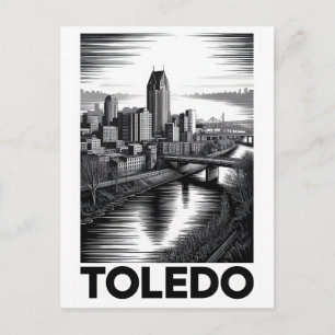 Cartão Postal Toledo Ohio Horizonte Preto Branco Xilogravura