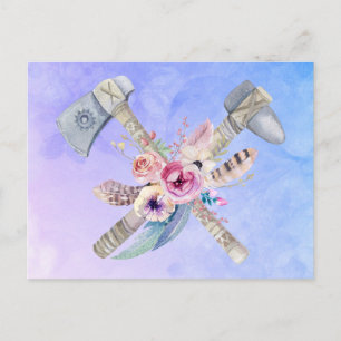 Cartão Postal Tomahawk Hammer e Flowers Watercolor Design